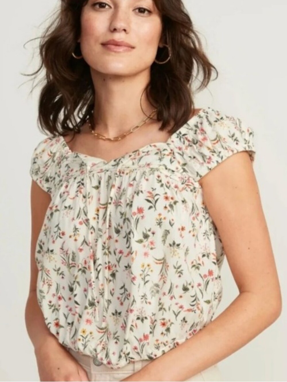 Old Navy Women Puff-Sleeve Cropped Floral Pintucked Blouse Size Small - Picture 1 of 8